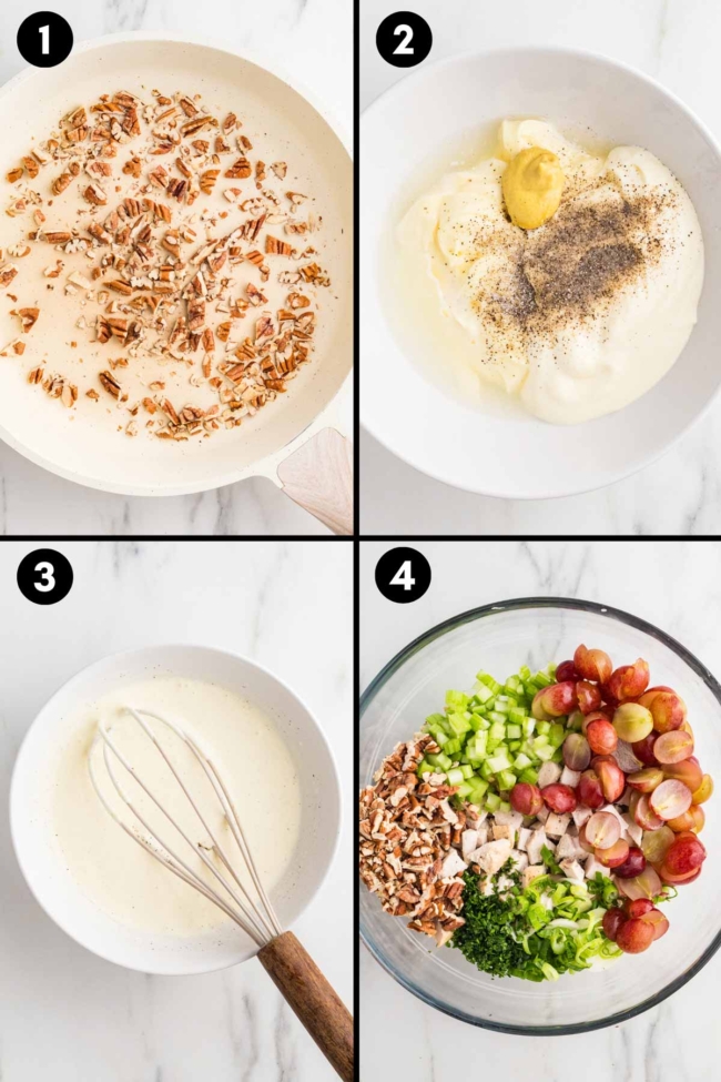 collage showing the mixing together of the dressing and chicken salad ingredients