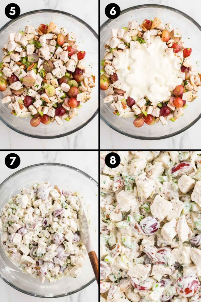 collage showing the mixing together of the dressing with the chicken to make chicken salad