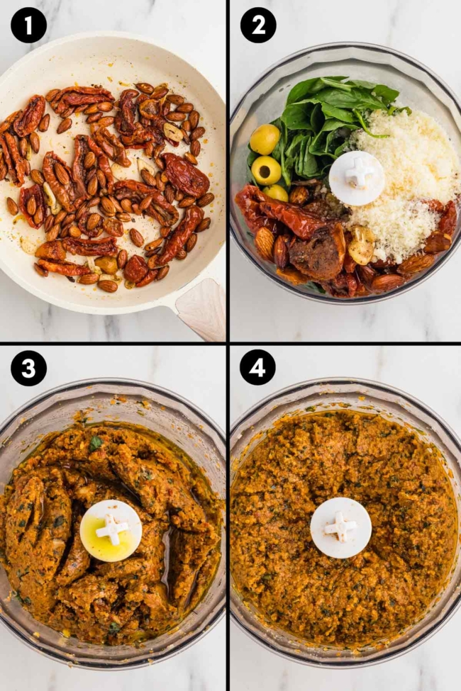 collage showing the blending together of the ingredients needed to make sun-dried tomato pesto