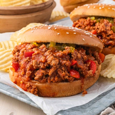 close-up of ground turkey sloppy joes in a tray with chips in background