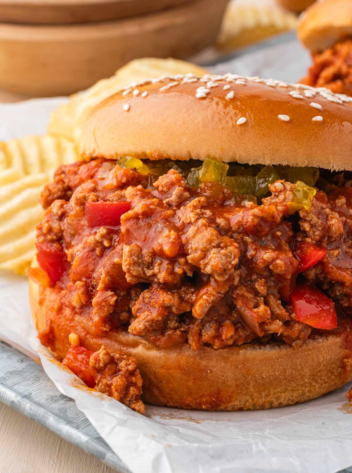 close-up of homemade ground turkey sloppy joes on a hamburger bun