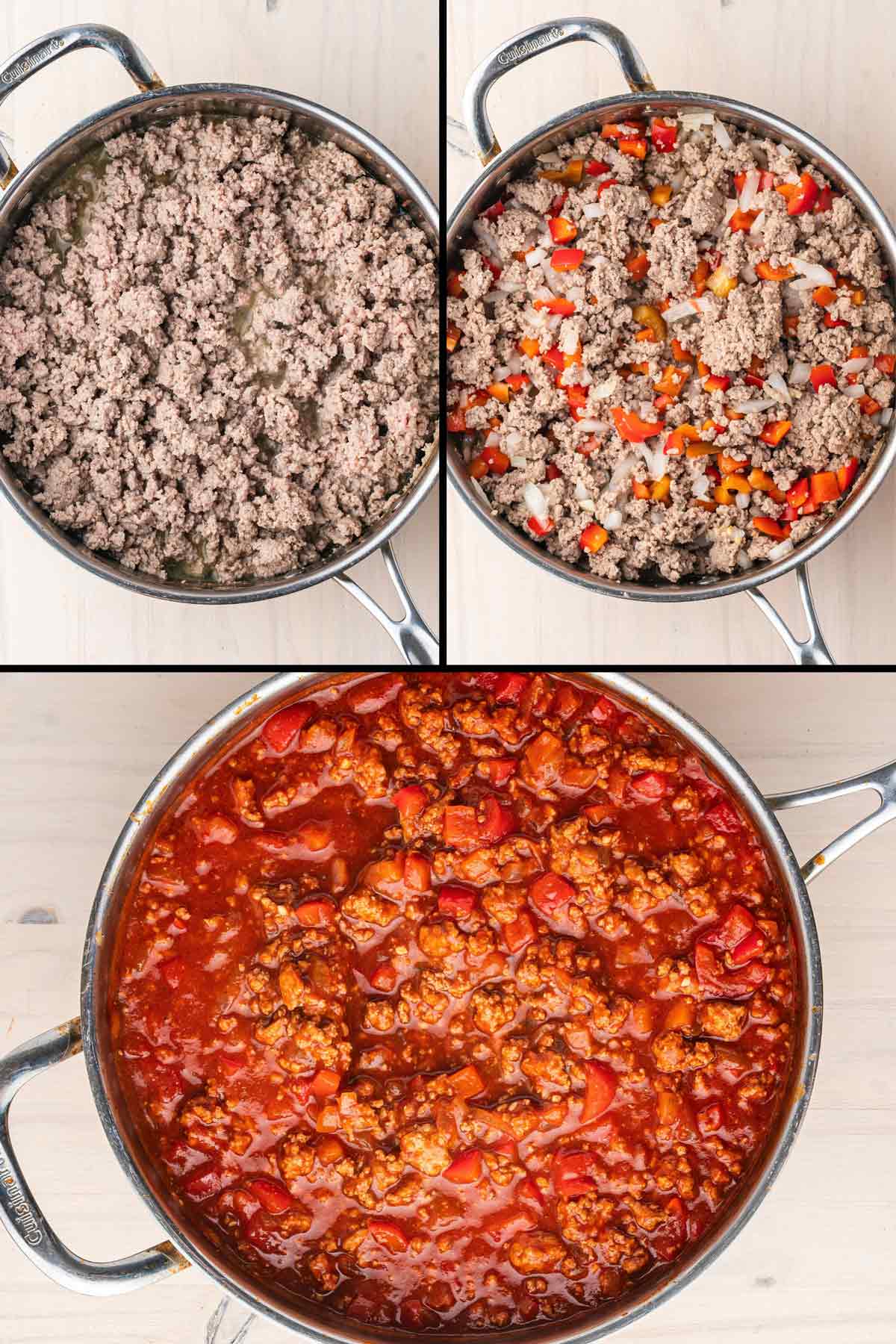 steps for cooking the turkey and adding the ingredients for ground turkey sloppy joes