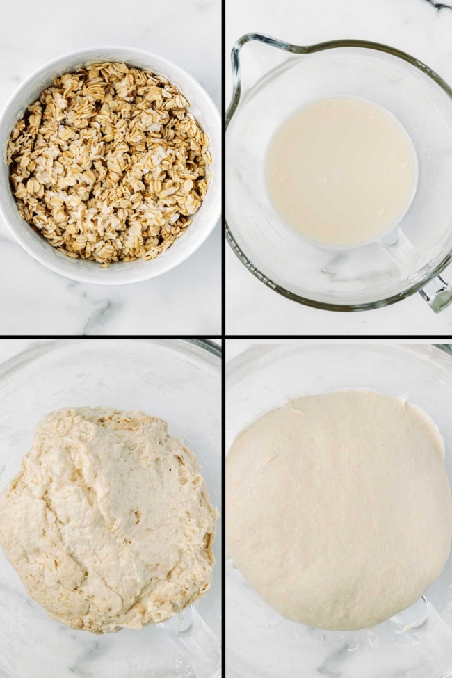 collage showing the hydrated oats and initial dough