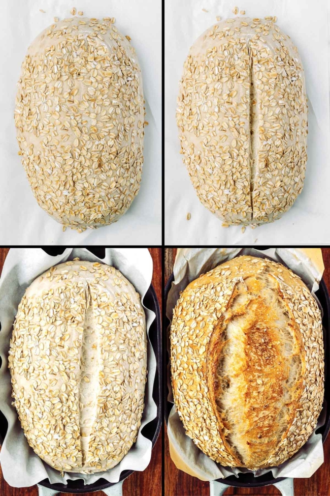 collage showing the proofed loaf, scored loaf, baked loaf