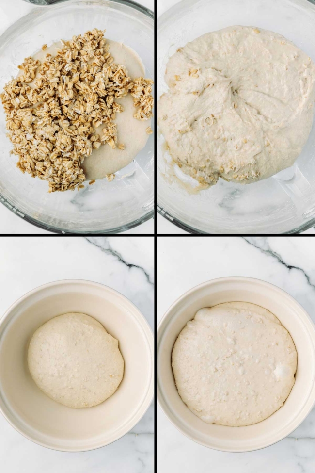 collage showing the adding of the oats and the first/later folds and bulk-fermented dough