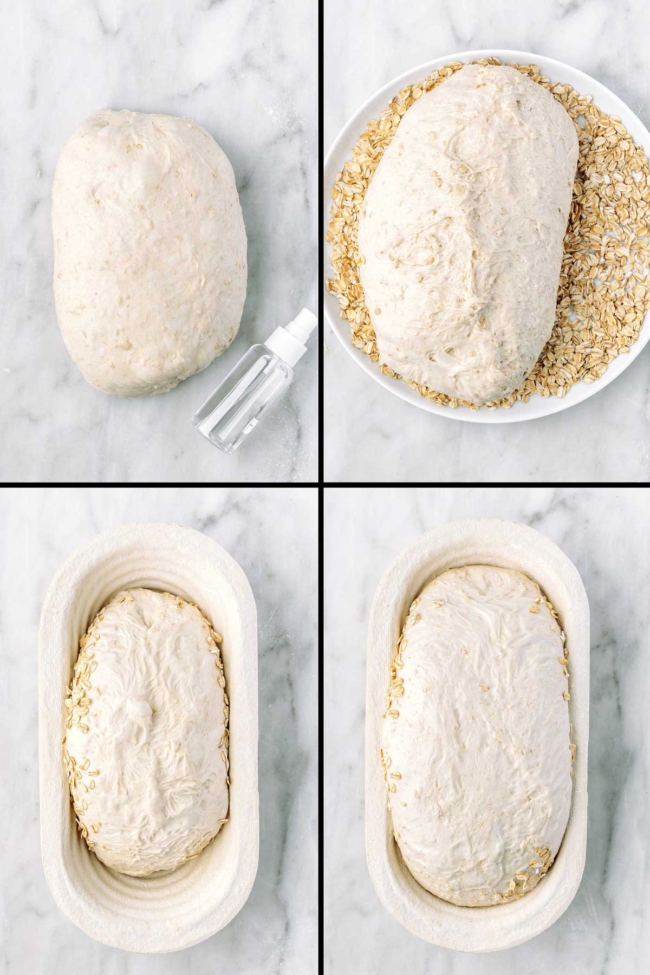 collage showing the pre-shaped dough and coating it in oats
