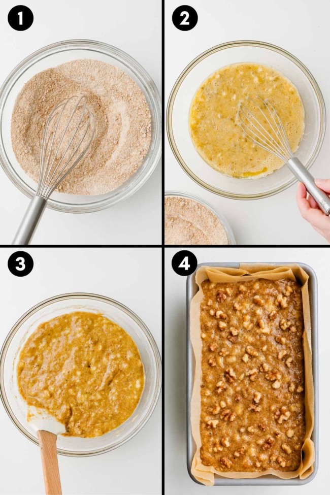 Collage showing how to mix the dry and wet ingredients for whole wheat banana nut bread