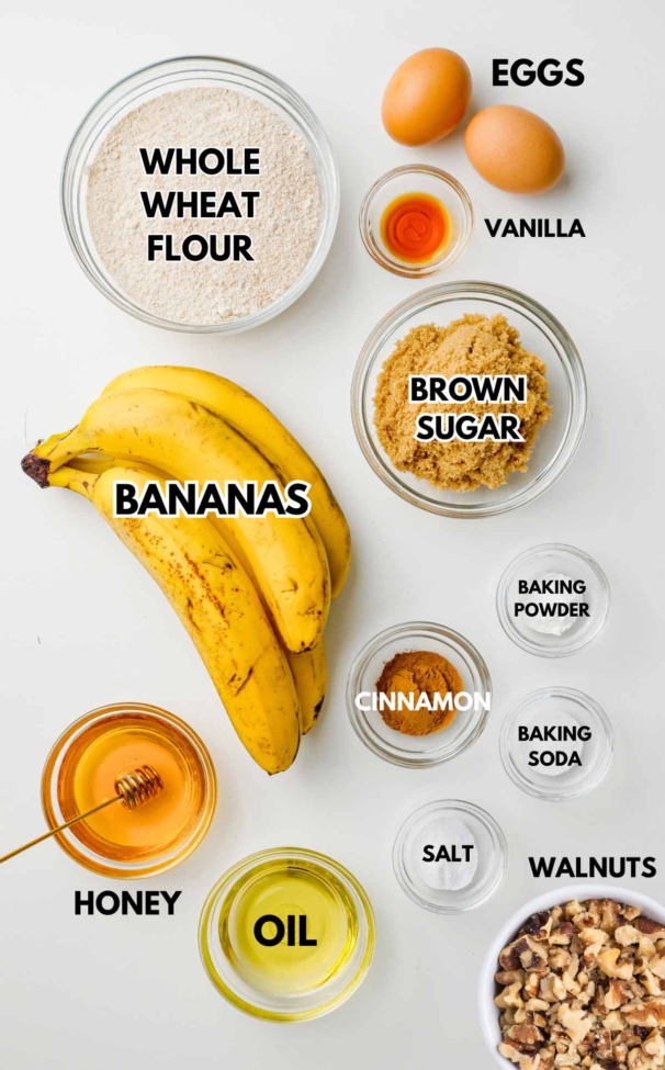 Ingredients laid out to make whole wheat banana nut bread