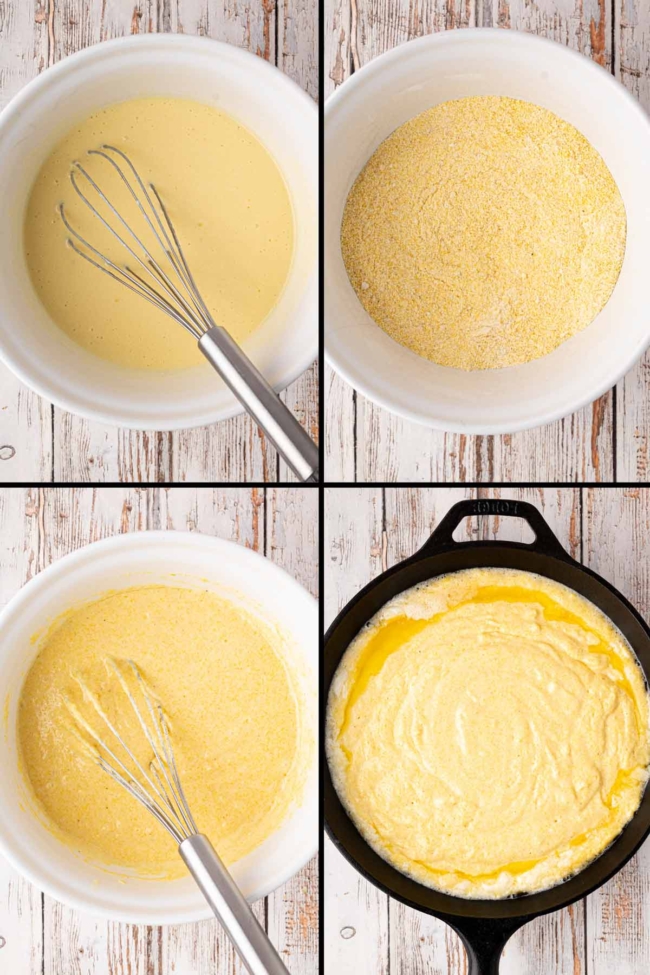 Four process photos showing how to mix sourdough cornbread batter and pour it into a cast iron skillet