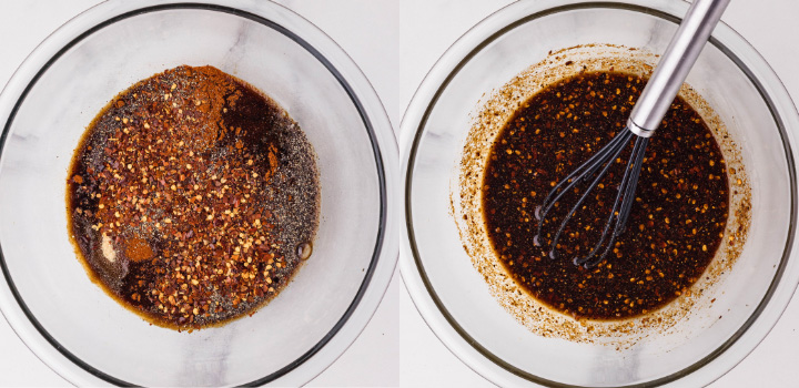 Spices and marinade ingredients for venison jerky are mixed in a glass bowl, showcasing the preparation process.