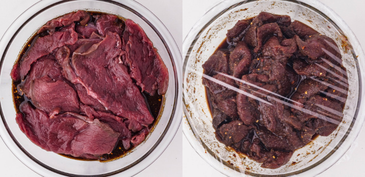 Raw venison marinating in a bowl on the left, and marinated strips ready for drying on the right, showcasing venison jerky preparation.