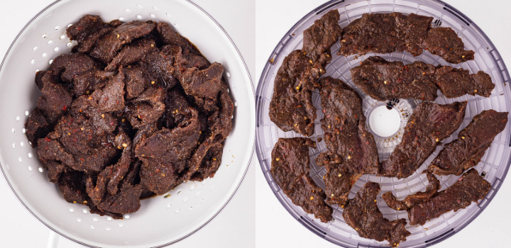 Marinated venison strips draining in a colander and arranged on dehydrator trays before drying.