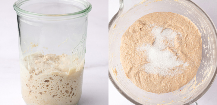 Active sourdough levain in a jar alongside flour and water mixed for the autolyse.