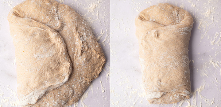 Whole wheat sourdough dough being folded and shaped on a floured surface.